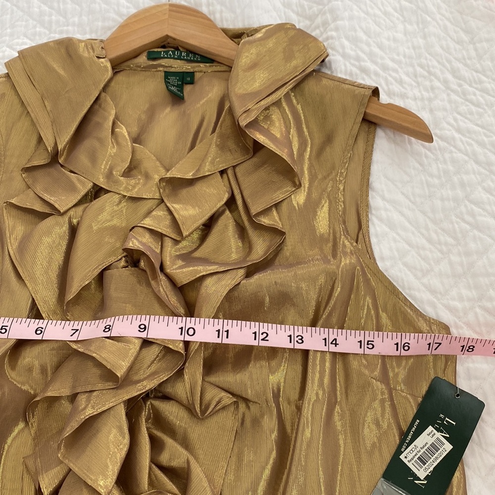 LAUREN RALPH LAUREN Gold Ruffle Sleeveless Blouse RAJ Fashion 1 Indian Gold NWT - Picture 7 of 8